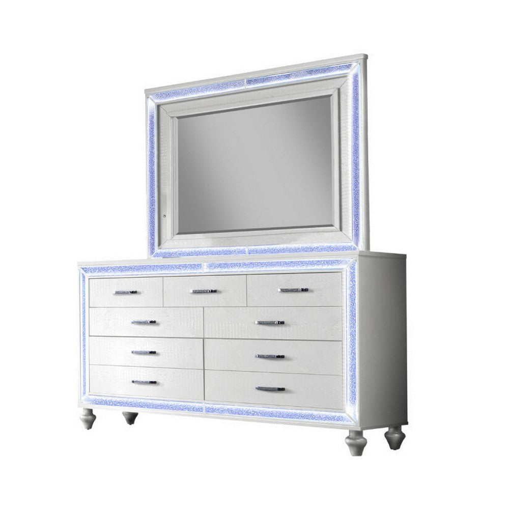 Noel 62 Inch Wide Dresser with LED Mirror, Glitter Front 6 Drawers, White By Casagear Home