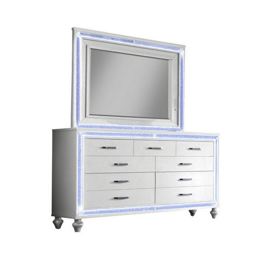 Noel 62 Inch Wide Dresser with LED Mirror, Glitter Front 6 Drawers, White By Casagear Home