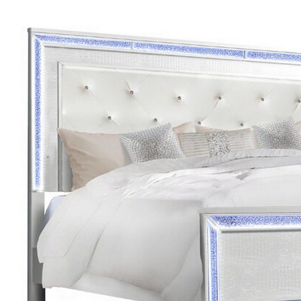 Noel Queen Size Bed with Crystal Tufted Upholstered Headboard LED White By Casagear Home BM316659