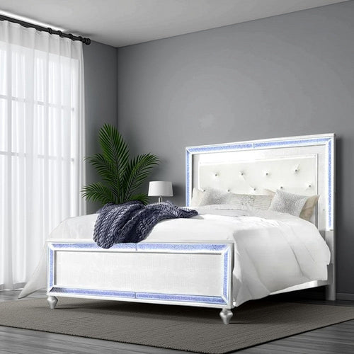 Noel Queen Size Bed with Crystal Tufted Upholstered Headboard, LED, White  By Casagear Home