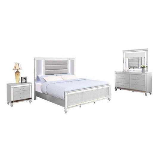 Lio 4pc Queen Bedroom Set with Nightstand, Dresser, LED Mirror, Silver By Casagear Home