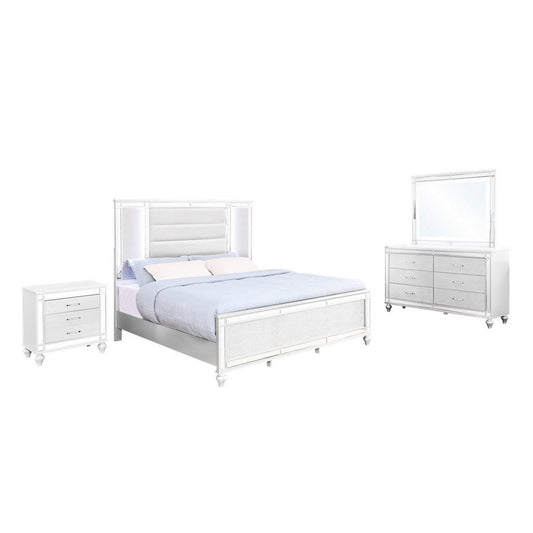 Lio 4pc Queen Bedroom Set with Nightstand, Dresser, LED Mirror, White By Casagear Home