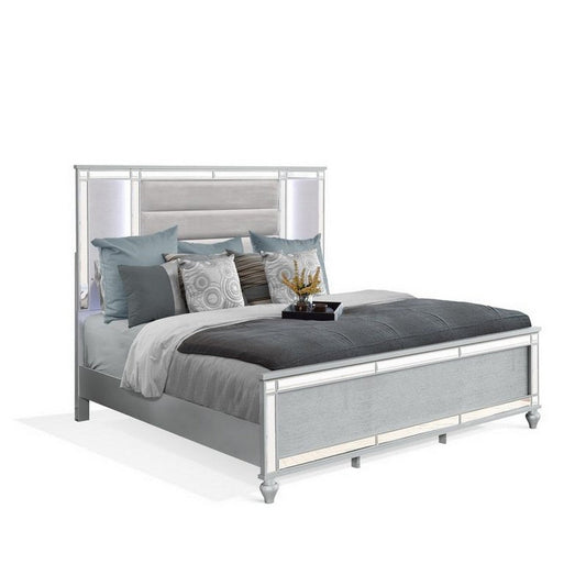 Lio Modern King Size Bed, LED, Mirror Trim, Silver Velvet Tufted Upholstery By Casagear Home