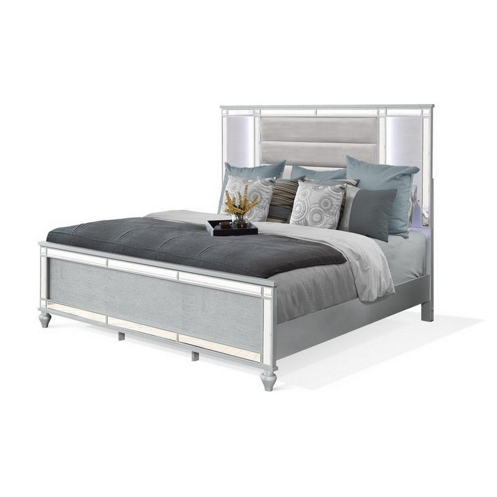 Lio Modern King Size Bed LED Mirror Trim Silver Velvet Tufted Upholstery By Casagear Home BM316666