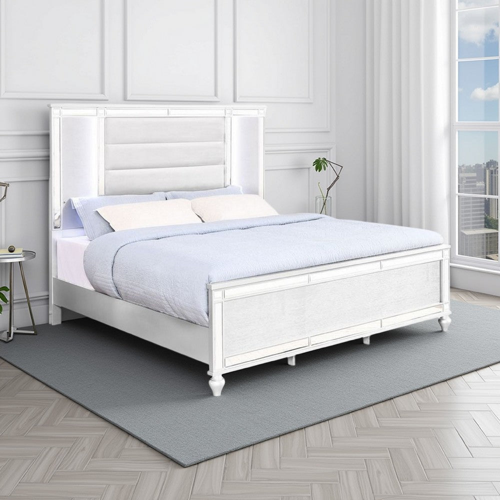 Lio Modern Queen Size Bed, LED, Mirror Trim White Velvet Tufted Upholstery By Casagear Home