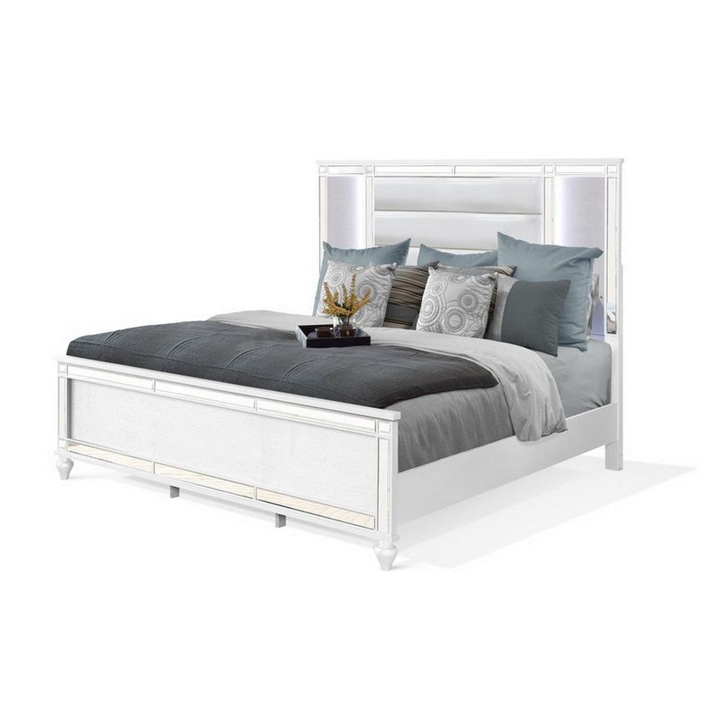 Lio Modern King Size Bed LED Mirror Trim White Velvet Tufted Upholstery By Casagear Home BM316668