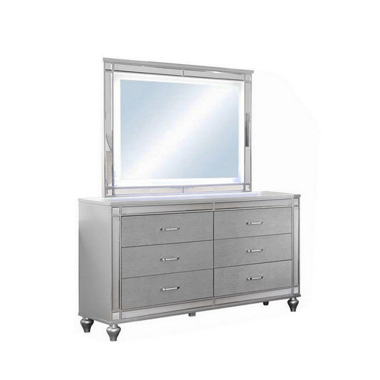 Lio 62 Inch Wide Dresser with LED Mirror, Crystal Handles, Chrome Wood By Casagear Home