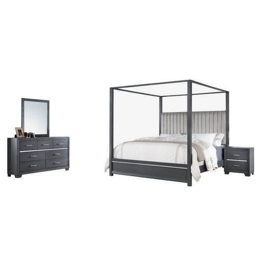 Abby 4pc King Canopy Bedroom Set with Dresser, Mirror, Nightstand, Gray By Casagear Home