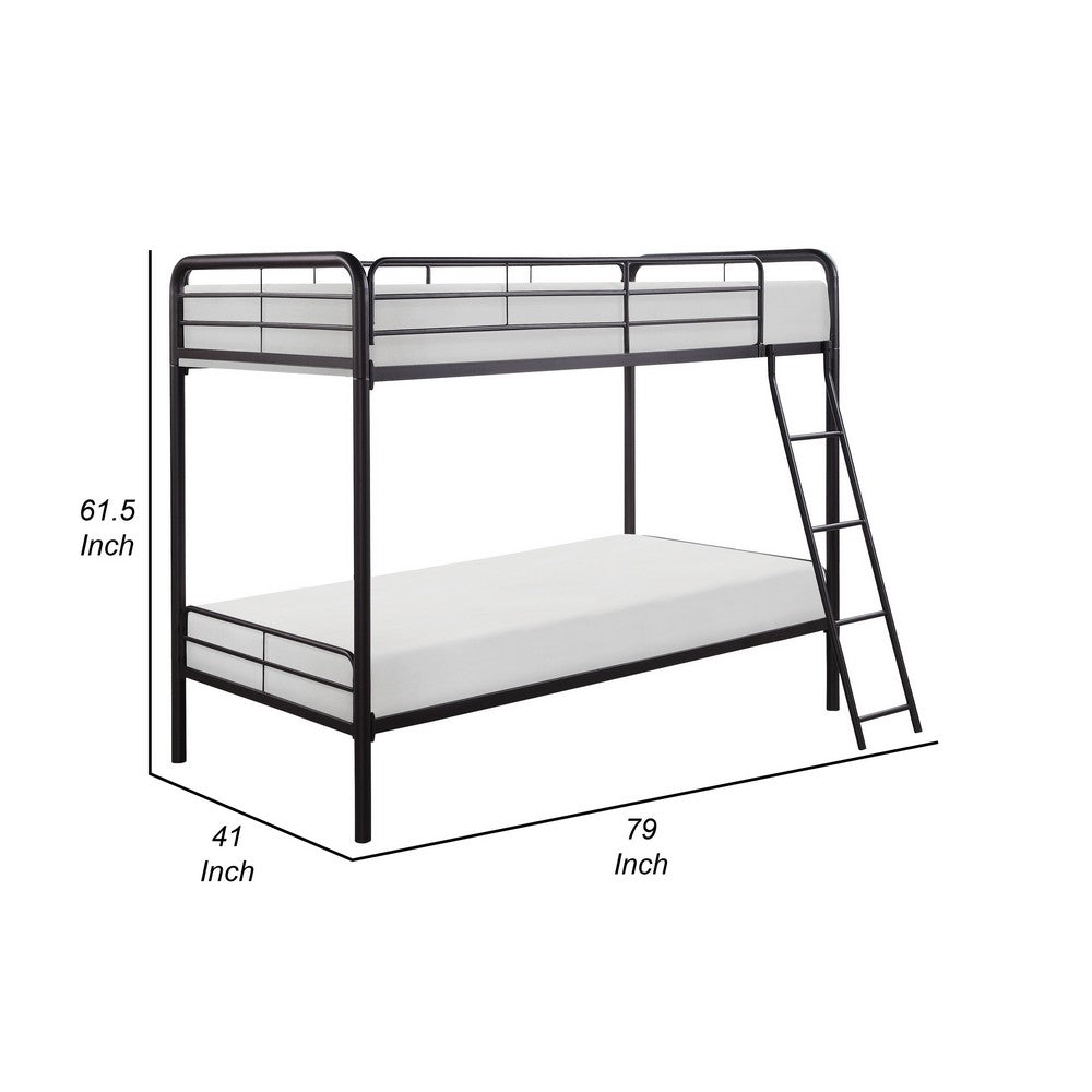 Tara 79 Inch Twin Bunk Bed, Sleek Metal Frame with Ladder in Dark Bronze By Casagear Home