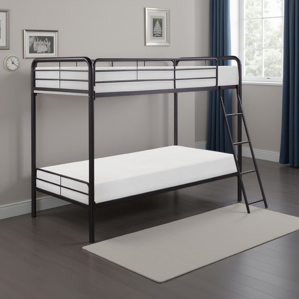 Tara 79 Inch Twin Bunk Bed, Sleek Metal Frame with Ladder in Dark Bronze By Casagear Home