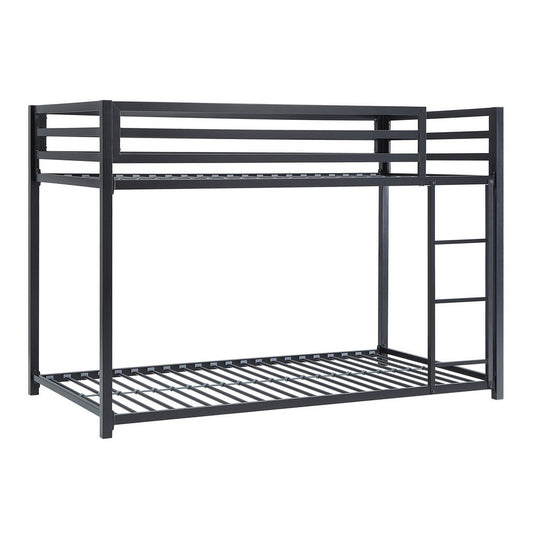 Ovi 78 Inch Twin Bunk Bed, Mounted Ladder, Ground Level Platform Bed, Black By Casagear Home