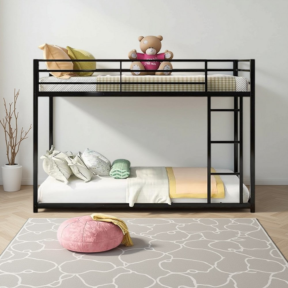 Ovi 78 Inch Twin Bunk Bed, Mounted Ladder, Ground Level Platform Bed, Black By Casagear Home