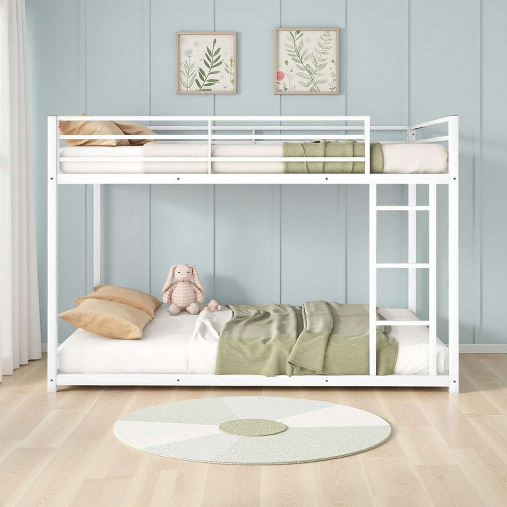 Ovi 78 Inch Twin Bunk Bed, Mounted Ladder, Ground Level Platform Bed, White By Casagear Home
