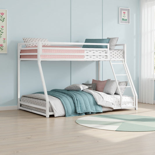Ovi 78 Inch Twin over Full Bunk Bed, Ladder, Ground Level Bed, White Metal By Casagear Home