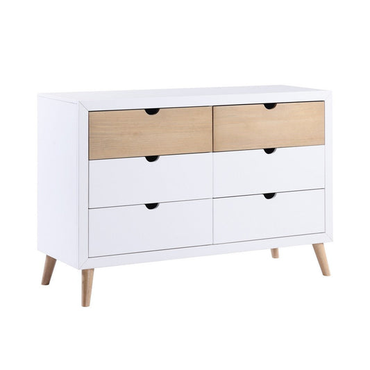 Kara 52 Inch Kids Dresser, 6 Drawers, Cutout Handles, White, Brown Wood By Casagear Home