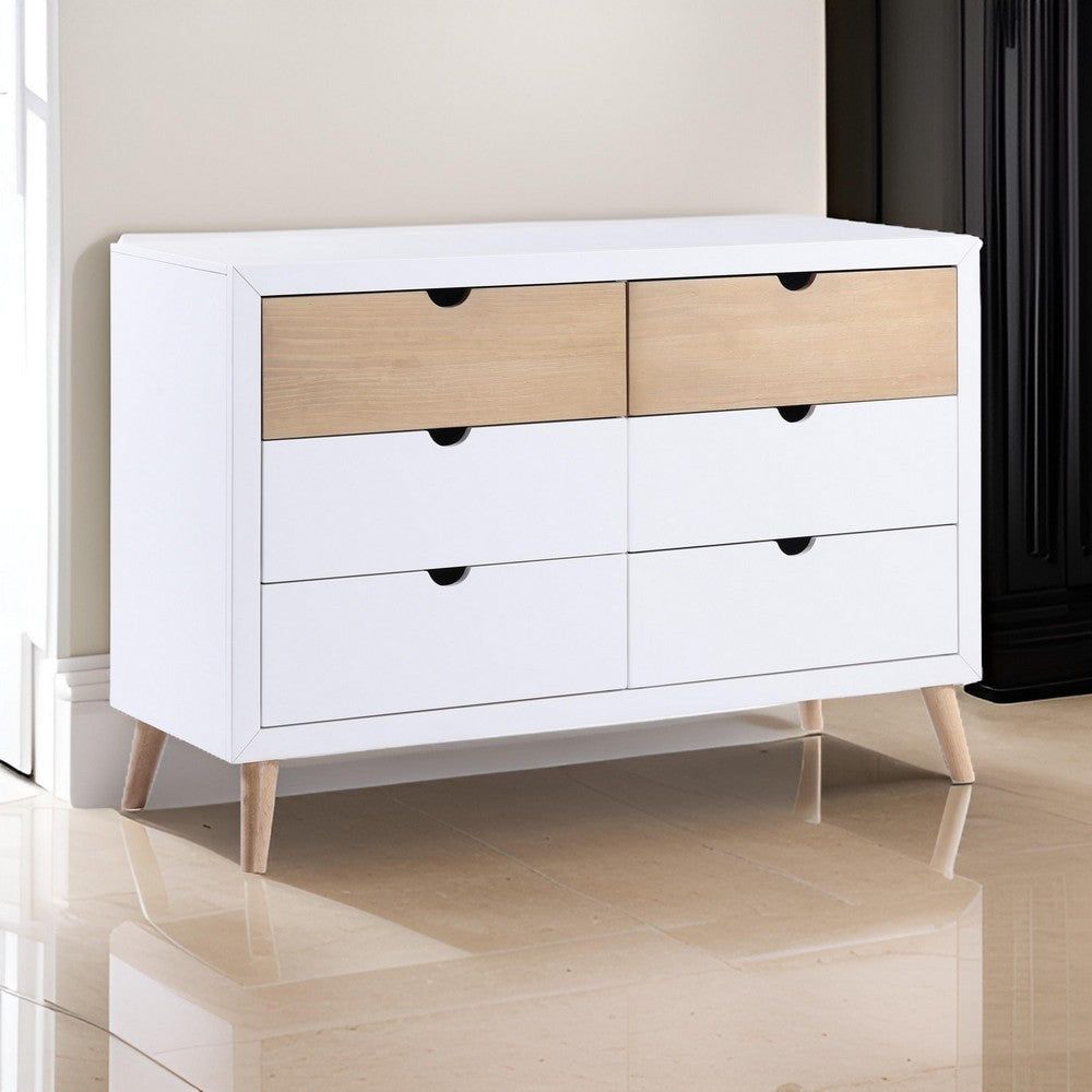 Kara 52 Inch Kids Dresser 6 Drawers Cutout Handles White Brown Wood By Casagear Home BM316689