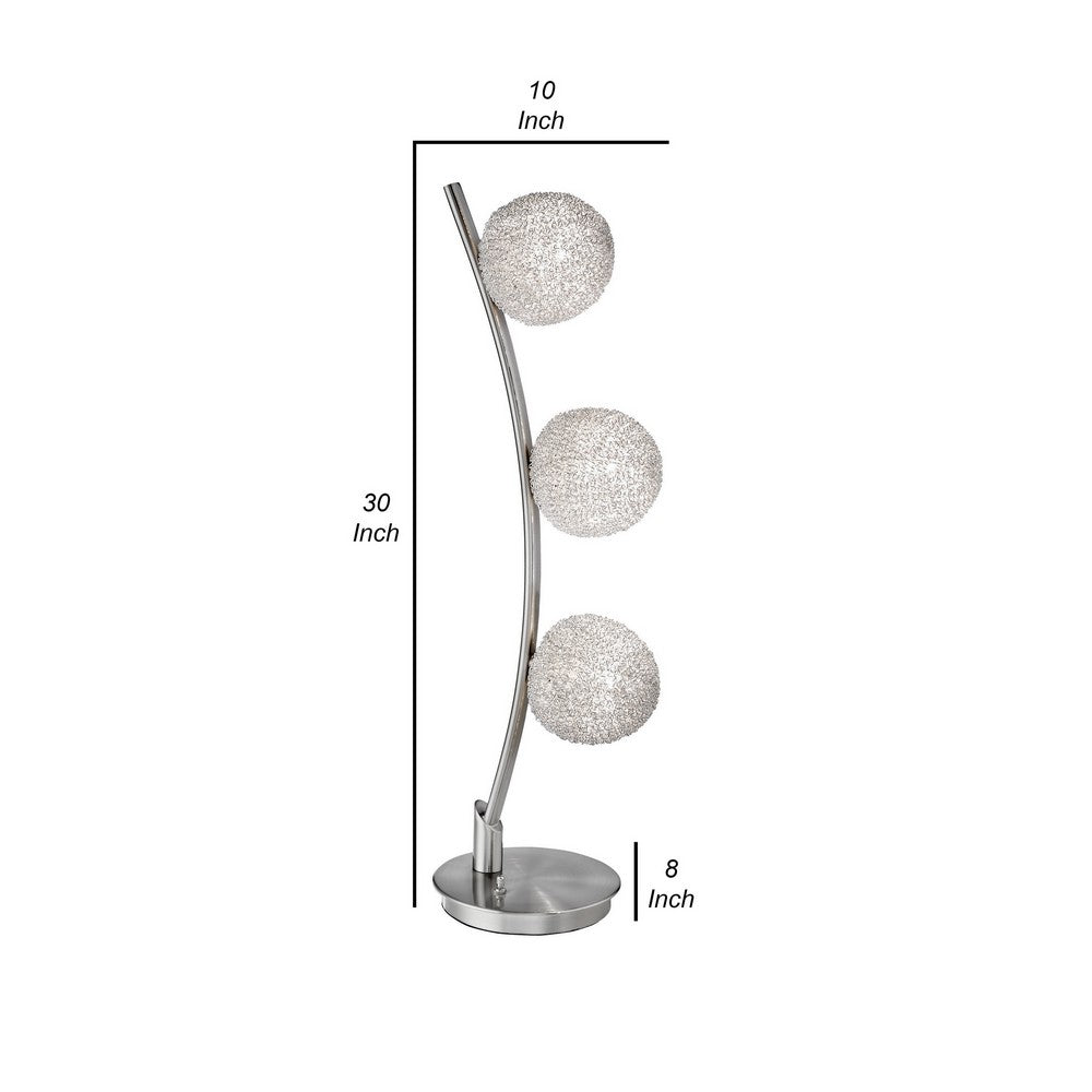 Lila 30 Inch Table Lamp, Curved Stem with 3 Spheres, Satin Nickel Finish By Casagear Home