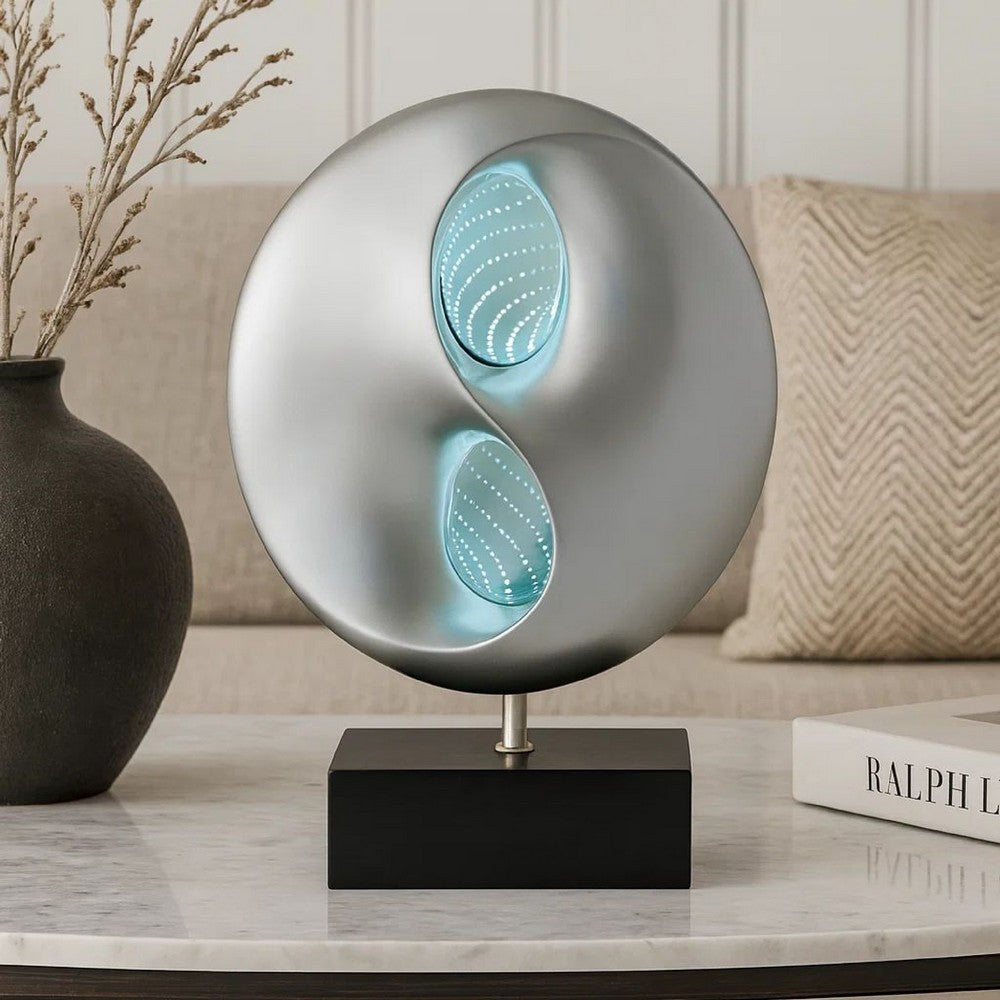 Nila 20 Inch LED Table Lamp, Black Silver Polyresin Orb Sphere, Block Base By Casagear Home