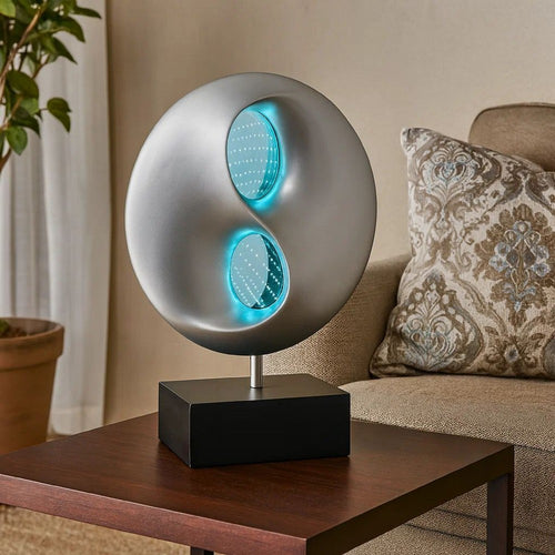 Nila 20 Inch LED Table Lamp, Black Silver Polyresin Orb Sphere, Block Base By Casagear Home