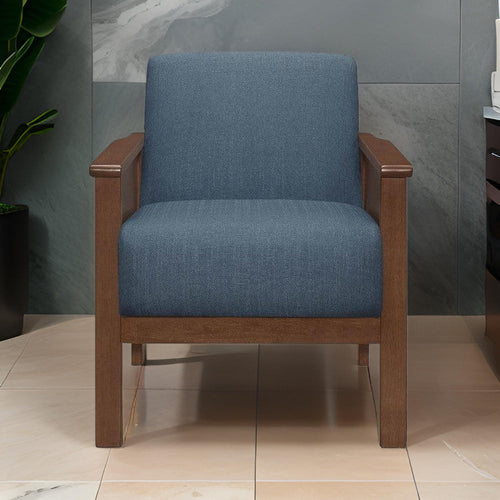 Rima 31 Inch Accent Chair, Blue Fabric, Foam Cushions, Brown Solid Wood By Casagear Home