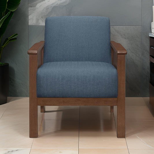 Rima 31 Inch Accent Chair, Blue Fabric, Foam Cushions, Brown Solid Wood By Casagear Home