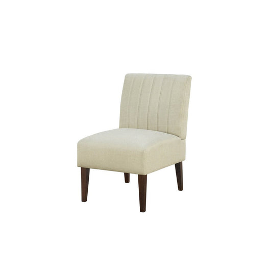 Paula 30 Inch Accent Chair, White Fabric, Channel Tufted Back, Brown Wood  By Casagear Home