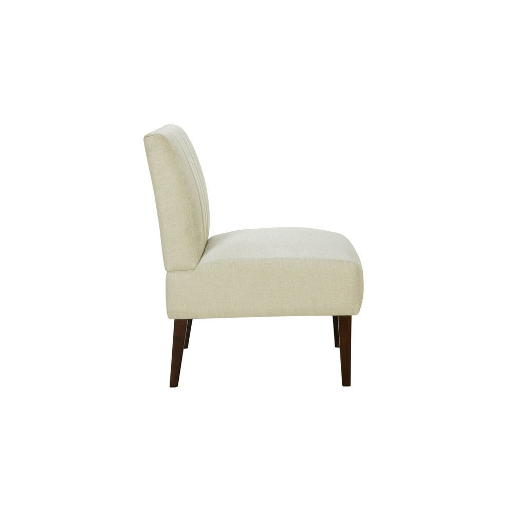 Paula 30 Inch Accent Chair White Fabric Channel Tufted Back Brown Wood By Casagear Home BM316710