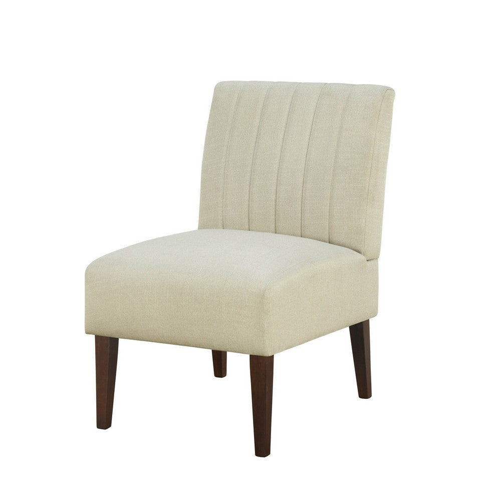 Paula 30 Inch Accent Chair White Fabric Channel Tufted Back Brown Wood By Casagear Home BM316710