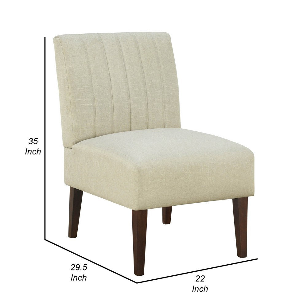 Paula 30 Inch Accent Chair White Fabric Channel Tufted Back Brown Wood By Casagear Home BM316710