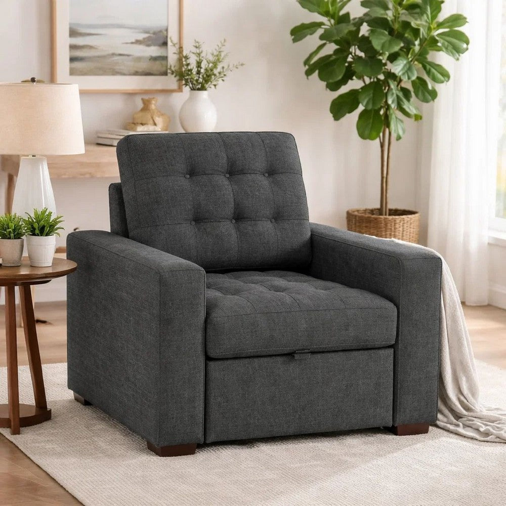 Cliff 37 Inch Chair, Pull Out Ottoman, Dark Gray Polyester, Espresso Wood By Casagear Home