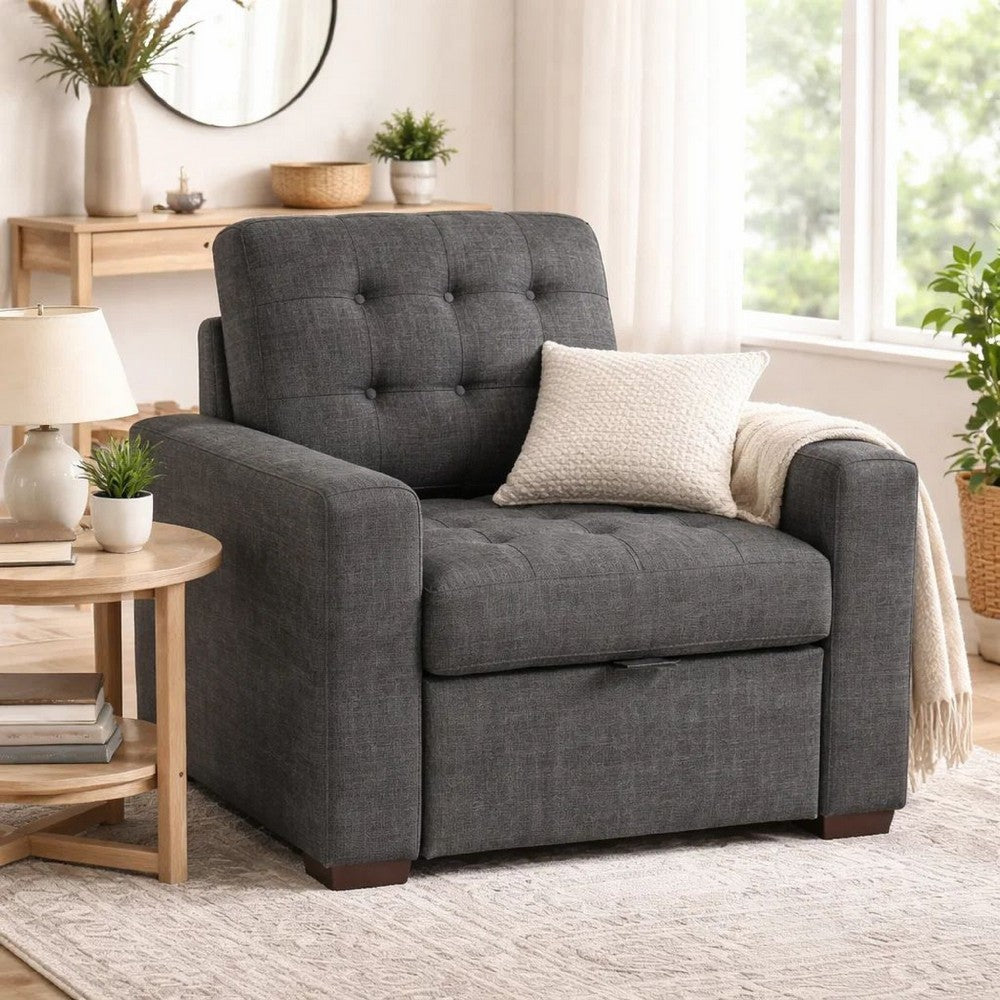 Cliff 37 Inch Chair, Pull Out Ottoman, Dark Gray Polyester, Espresso Wood By Casagear Home