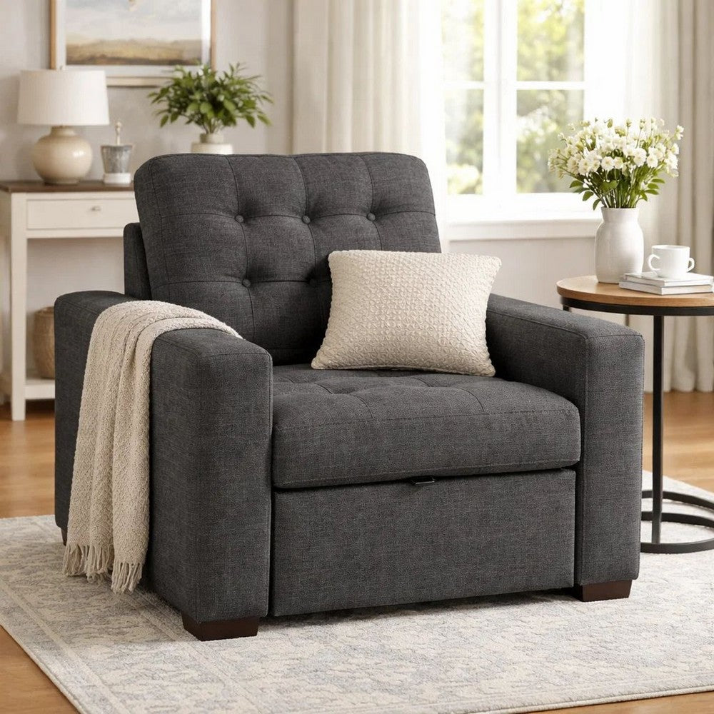 Cliff 37 Inch Chair, Pull Out Ottoman, Dark Gray Polyester, Espresso Wood By Casagear Home