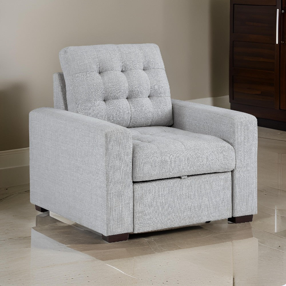 Cliff 37 Inch Chair, Pull Out Ottoman, Light Gray Polyester, Espresso Wood By Casagear Home