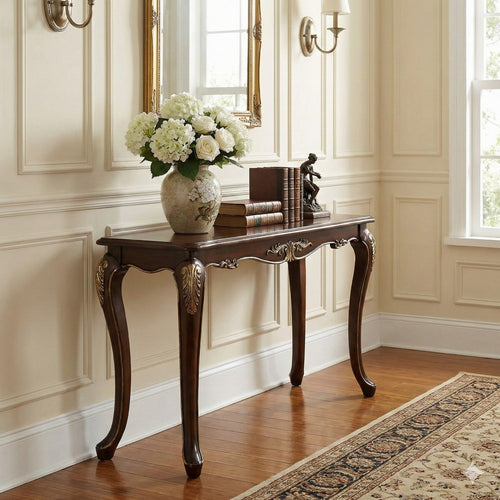 Croy 52 Inch Sofa Table, Classic Cabriole Legs, Cherry Brown By Casagear Home