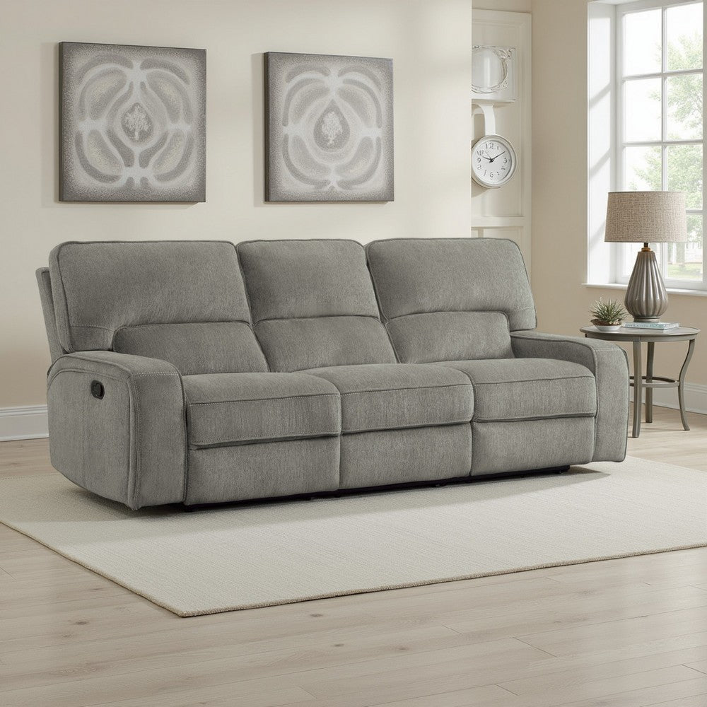 Neo 99 Inch Manual Double Recliner Sofa, 3 Seater Soft Gray Chenille Fabric By Casagear Home