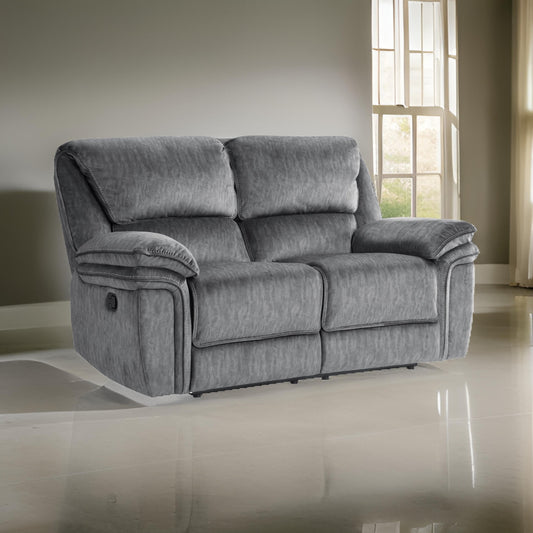 Muir 65 Inch Manual Recliner Loveseat, Tufted Gray Microfiber, Solid Wood By Casagear Home