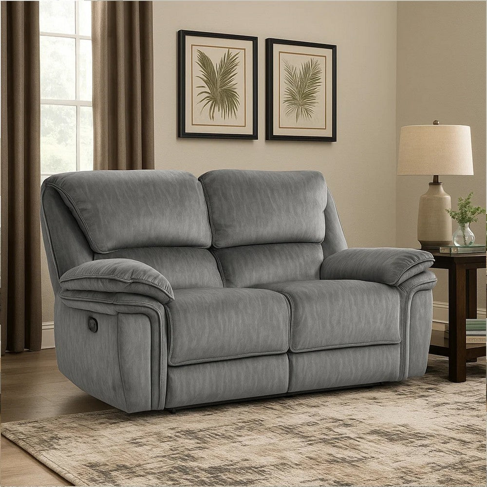 Muir 65 Inch Manual Recliner Loveseat, Tufted Gray Microfiber, Solid Wood By Casagear Home