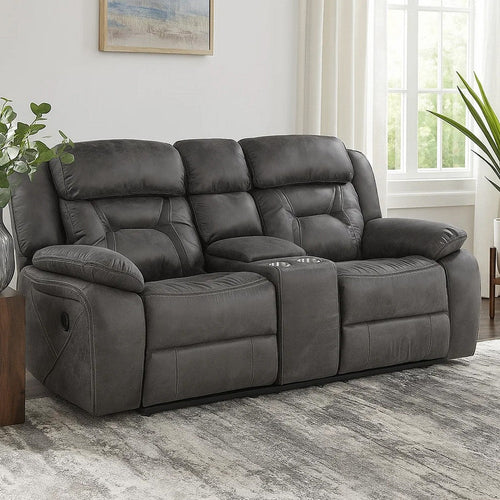 Mady 75 Inch Manual Recliner Loveseat, Center Console, Gray Microfiber By Casagear Home