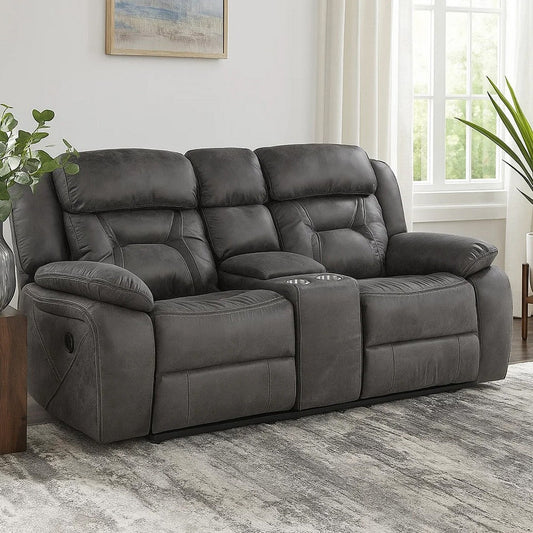 Mady 75 Inch Manual Recliner Loveseat, Center Console, Gray Microfiber By Casagear Home