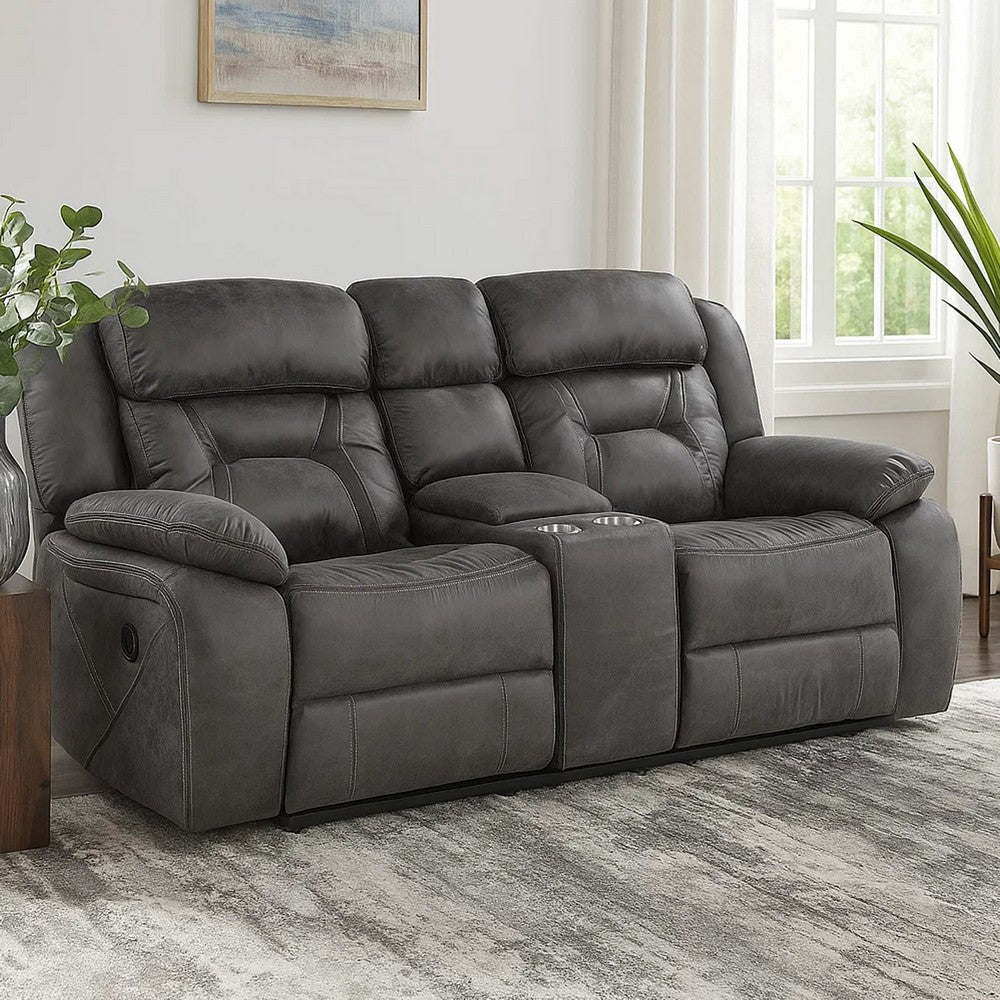 Mady 75 Inch Manual Recliner Loveseat, Center Console, Gray Microfiber By Casagear Home
