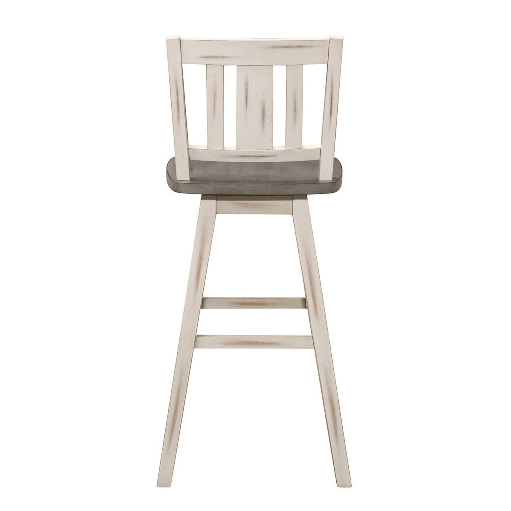 Ati 29 Inch Bar Height Stool Swivel Chairs Set of 2 Vertical Slat Back Gray White By Casagear Home BM316756