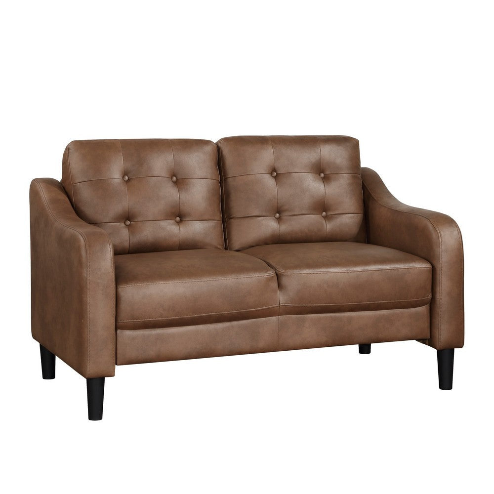 Orry 55 Inch Loveseat, Tufted Back, Brown Microfiber, Black Solid Wood By Casagear Home