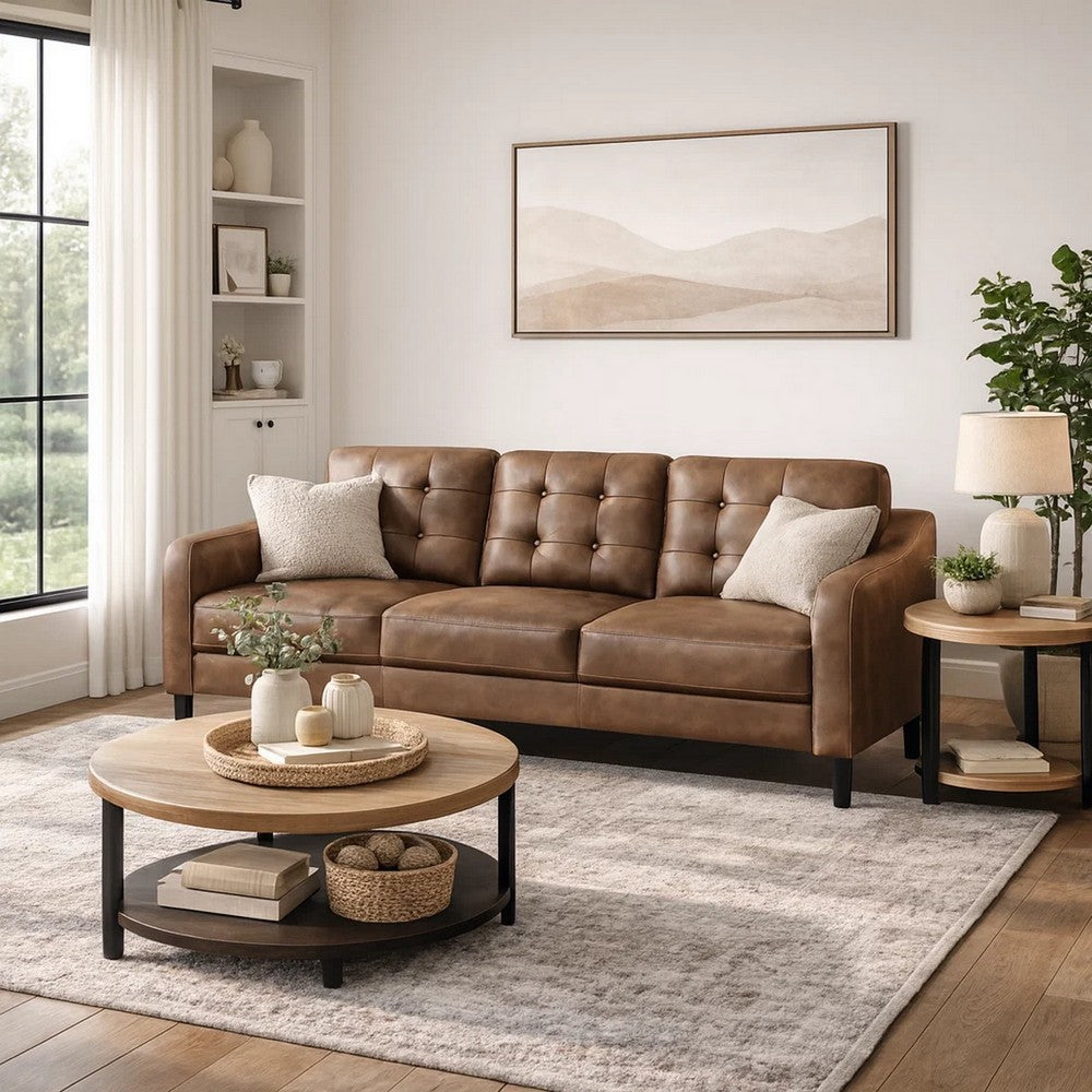 Orry 77 Inch Sofa, Button Tufted Back, Brown Microfiber, Black Solid Wood By Casagear Home