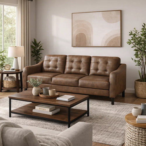 Orry 77 Inch Sofa, Button Tufted Back, Brown Microfiber, Black Solid Wood By Casagear Home