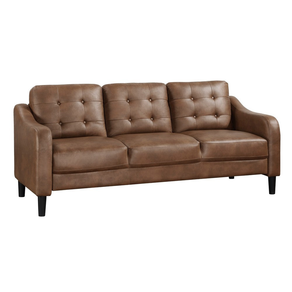 Orry 77 Inch Sofa, Button Tufted Back, Brown Microfiber, Black Solid Wood By Casagear Home