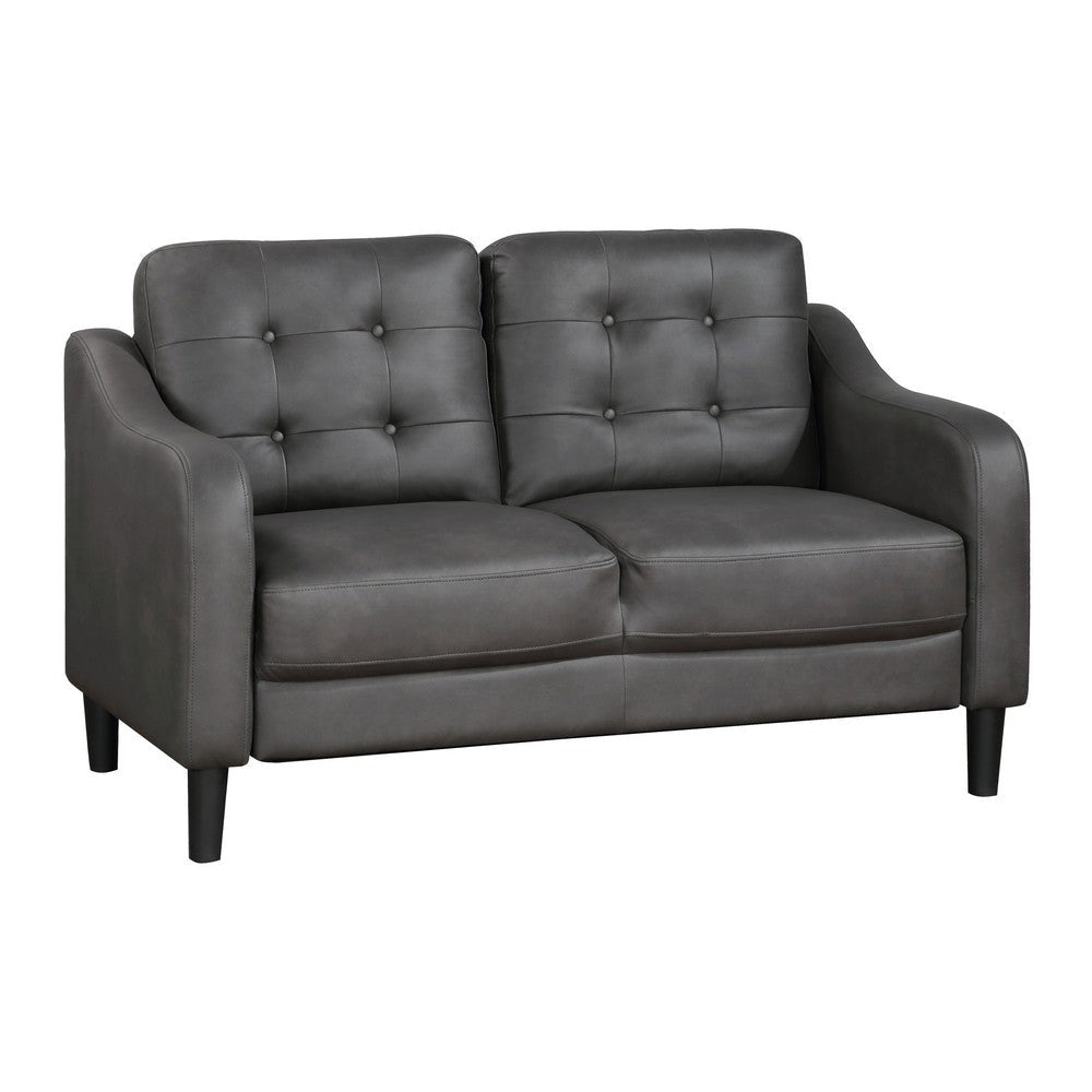 Orry 55 Inch Loveseat, Button Tufted Back, Gray Microfiber Black Solid Wood By Casagear Home