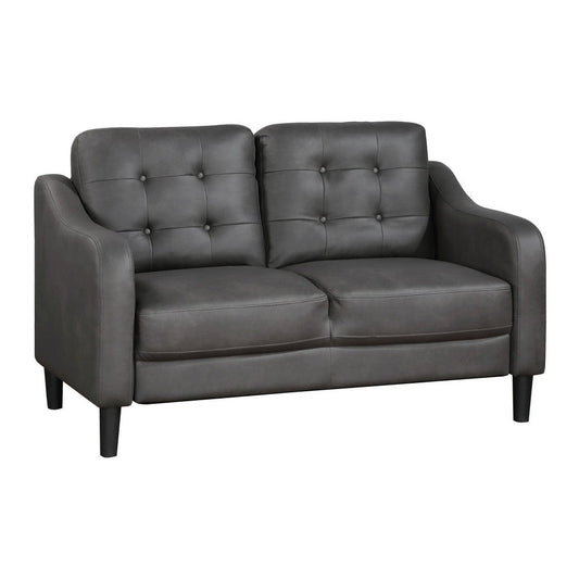 Orry 55 Inch Loveseat, Button Tufted Back, Gray Microfiber Black Solid Wood By Casagear Home