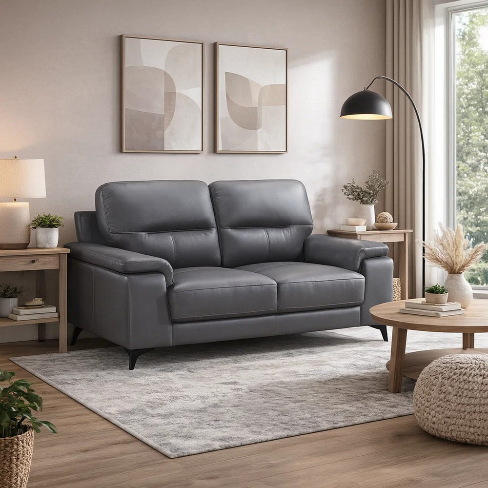 Mica 67 Inch Loveseat, Dark Gray Top Grain and Faux Leather, Metal Legs By Casagear Home