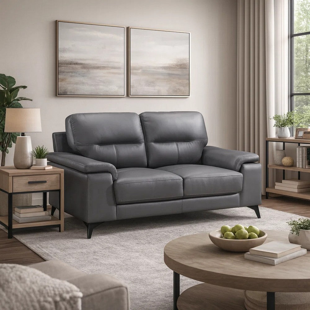 Mica 67 Inch Loveseat, Dark Gray Top Grain and Faux Leather, Metal Legs By Casagear Home