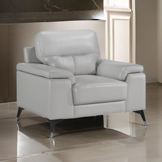 Mica 36 Inch Accent Chair, Metal Legs Light Gray Top Grain and Faux Leather By Casagear Home